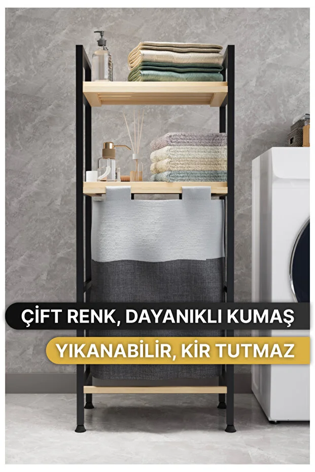 Çamaşır Sepeti Ahşap Raflı Kirli Sepeti 2 Katlı Büyük Boy Kapaklı Çok Amaçlı Banyo Düzenleyici